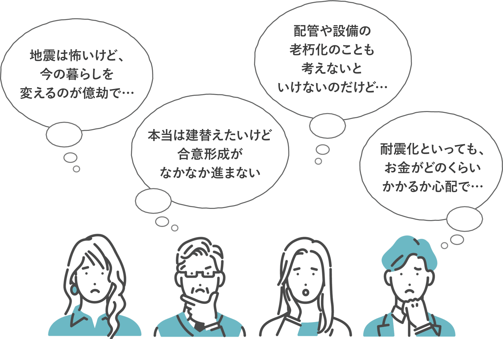 地震は怖いけど、今の暮らしを変えるのが億劫で… 本当は建替えたいけど合意形成がなかなか進まない 配管や設備の老朽化のことも考えないといけないのだけど… 耐震化といっても、お金がどのくらいかかるか心配で…